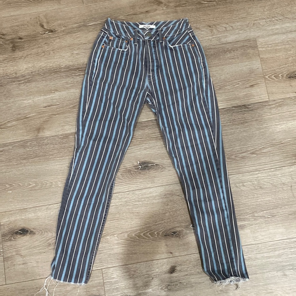 GRLFRND Blue, Gray, and White Striped Mid Rise Straight Leg jeans Size 0!